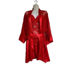 Victoria Secret Vintage Red Lace 2 Piece Robe Nighty Set  34C Women's